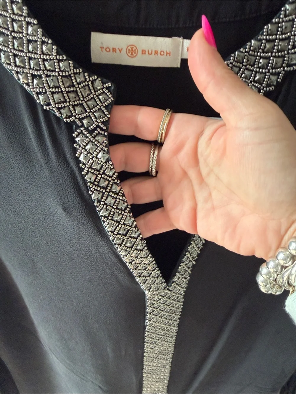 Tory Burch Black Blouse with Silver-Patterned Trim